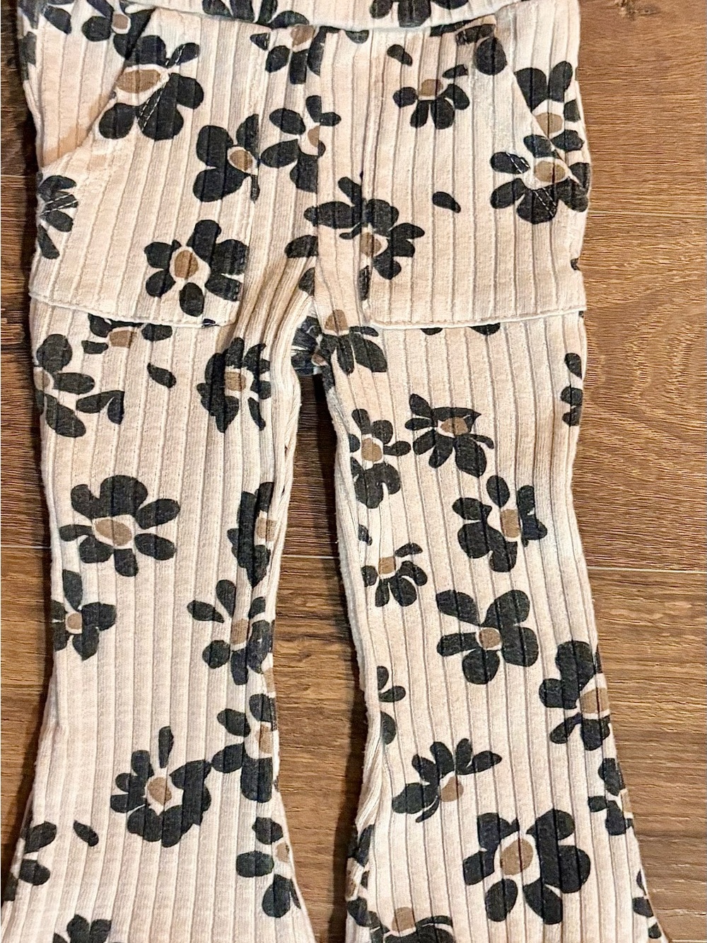 Jessica Simpson Cream Ribbed Floral Flare Pants with Black & Brown Flowers
